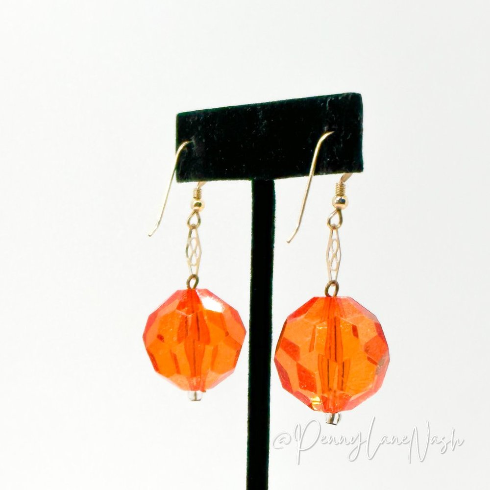 Vintage Single Sphere Orange Bead Dangle Hook Earrings - Picture 5 of 8